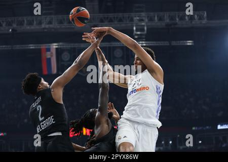 Belgrade, Serbia, 4 May 2023. Uros Trifunovic of Partizan Mozzart Bet  Belgrade warms up during the Play Offs Game 4 - 2022/2023 Turkish Airlines  EuroLeague match between Partizan Mozzart Bet Belgrade and