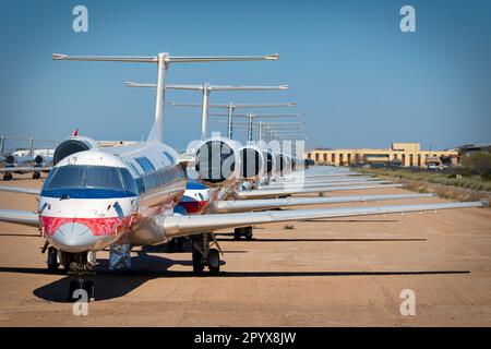 The Pinal County Airpark in Marana, Arizona, functions as a 'boneyard' for civilian commercial aircraft as well as airliner storage, reconfiguration, Stock Photo