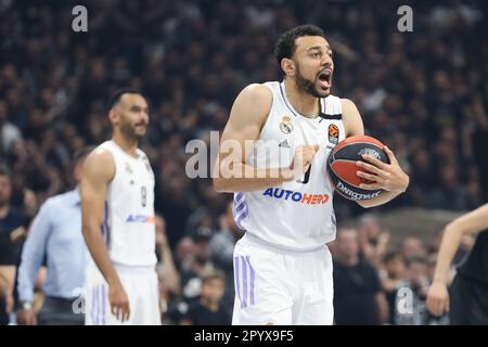 Belgrade, Serbia, 4 May 2023. Yam Madar of Partizan Mozzart Bet Belgrade  drives to the basket during the Play Offs Game 4 - 2022/2023 Turkish  Airlines EuroLeague match between Partizan Mozzart Bet