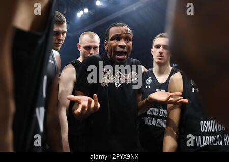 Belgrade, Serbia, 4 May 2023. James Nunnally of Partizan Mozzart Bet  Belgrade talks to his teammates after the defeat during the Play Offs Game 4  - 2022/2023 Turkish Airlines EuroLeague match between