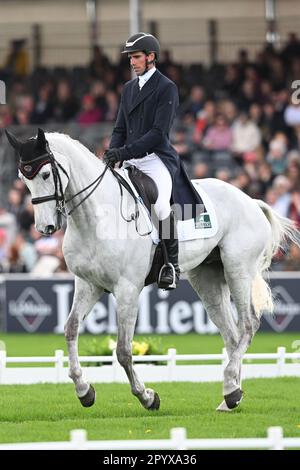 Badminton Estate, Gloucestershire, UK. 5th May, 2023. 2023 Badminton Horse Trials Day 2; Hector Payne of Great Britain riding Dynasty during the dressage test on day 2 Credit: Action Plus Sports/Alamy Live News Stock Photo