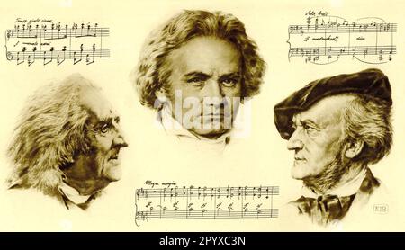 The composers Franz von Liszt, Ludwig van Beethoven and Richard Wagner. Drawing by K. J. Boehringer. Photo: Heliogravure, Corpus Imaginum, Hanfstaengl Collection. Undated photograph, circa 1850. [automated translation] Stock Photo