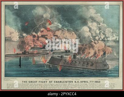 AMERICAN CIVIL WAR ILLUSTRATION 'The great fight at Charleston S.C. April, 7th 1863- between 9 United States 'Iron-Clads,' under the command of Admiral Dupont; and Forts Sumter, Moultrie, and the Cummings and the Point Batteries in possession of the rebel confederate army' Stock Photo