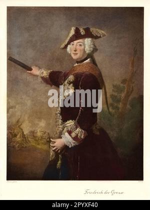 Frederick II, also called Frederick the Great (1712-1786), King of Prussia. The painting shows Frederick II in front of a battle scene in the Silesian War (1740-42). Painting by Antoine Pesne. Photo: Heliogravure, Corpus Imaginum, Hanfstaengl Collection. [automated translation] Stock Photo