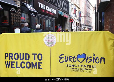 Liverpool preparing for the Eurovision Song Contest on May 13th, which it is hosting in conjunction with Ukraine, last year's winner, but unable to host due to the current Russian invasion, NW England, UK Stock Photo