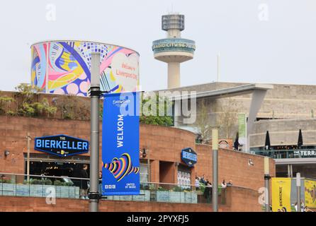 Liverpool preparing for the Eurovision Song Contest on May 13th, which it is hosting in conjunction with Ukraine, last year's winner, but unable to host due to the current Russian invasion, NW England, UK Stock Photo