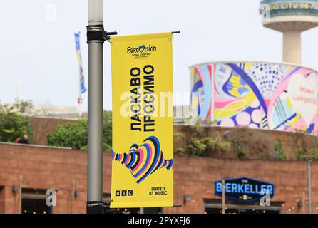 Liverpool preparing for the Eurovision Song Contest on May 13th, which it is hosting in conjunction with Ukraine, last year's winner, but unable to host due to the current Russian invasion, NW England, UK Stock Photo