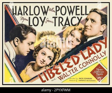 Vintage Movie film poster 'Libeled Lady' is 1936 comedy film starring Jean Harlow, William Powell, Myrna Loy, and Spencer Tracy, written by George Oppenheimer, Howard Emmett Rogers, Wallace Sullivan, and Maurine Dallas Watkins, and directed by Jack Conway. This was the fifth of fourteen films in which Powell and Loy were teamed. Libeled Lady was nominated for the Academy Award for Best Picture. An MGM Hollywood Picture Stock Photo