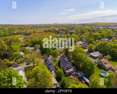 Saugus historic town center aerial view on Main Street in spring including Primera Iglesia Bautista church, Saugus, Massachusetts MA, USA. Stock Photo