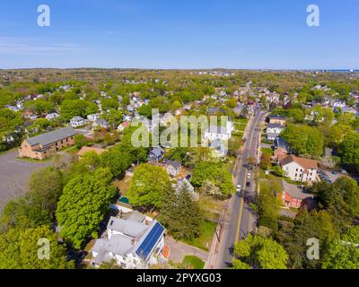 Saugus historic town center aerial view on Main Street in spring including Primera Iglesia Bautista church, Saugus, Massachusetts MA, USA. Stock Photo