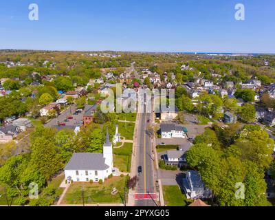 Saugus historic town center aerial view on Main Street in spring including Primera Iglesia Bautista church, Saugus, Massachusetts MA, USA. Stock Photo