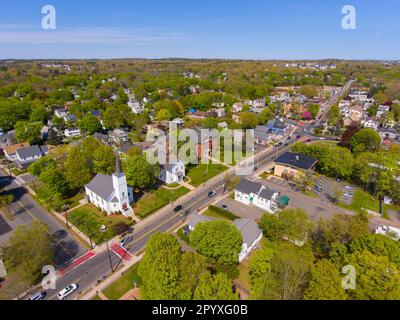 Saugus historic town center aerial view on Main Street in spring including Primera Iglesia Bautista church, Saugus, Massachusetts MA, USA. Stock Photo