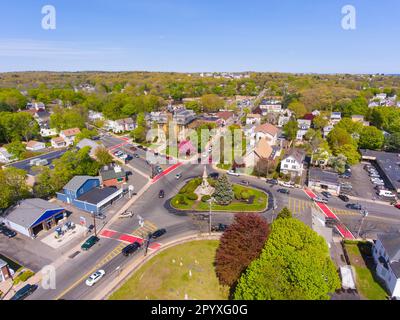 Saugus historic town center aerial view on Main Street in spring including Monument Square and Town Hall building on Central Street, Saugus, Massachus Stock Photo