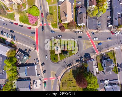 Saugus historic town center aerial view on Main Street in spring including Monument Square and Town Hall building on Central Street, Saugus, Massachus Stock Photo