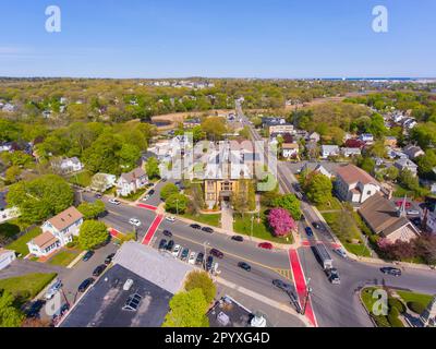 Saugus historic town center aerial view on Main Street in spring including Monument Square and Town Hall building on Central Street, Saugus, Massachus Stock Photo