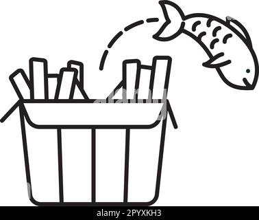 Fish jumping out of chips box vector line icon for Fish And Chips Day on June4 Stock Vector