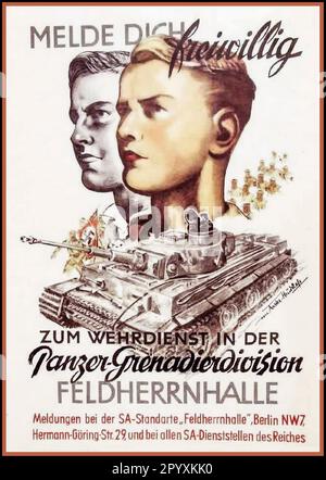 WW2 Nazi Recruitment Poster 1944 into The Panzer Grenardier Division. 'Register and Volunteer; Blond Aryan male German youth are illustrated as the ideal volunteer candidates. World War II Second World War Stock Photo