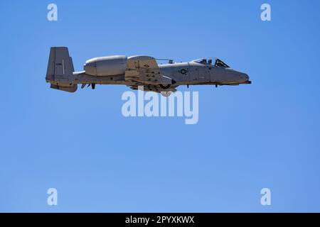 An A-10 Thunderbolt II, also known as the Warthog or Tankbuster, in the air at the 2023 Thunder and Lightning Over Arizona airshow in Tucson, Arizona. Stock Photo