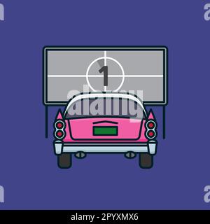 Vintage american car at drive-in cinema vector illustration for Drive-in Movie Day on June 6 Stock Vector