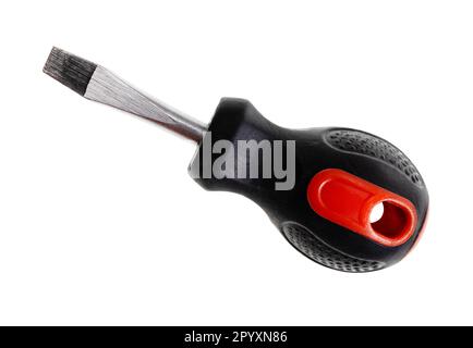 wide flat head screwdriver with rubber handle isolated on white background Stock Photo