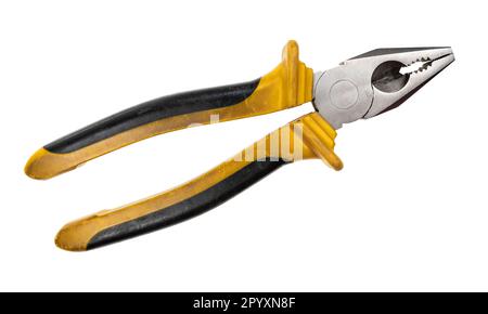 big used pliers with yellow and black rubber handle isolated on white background Stock Photo