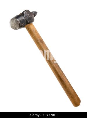 old cross peen hammer with round face and wooden handle isolated on white background (focus on surface of face) Stock Photo