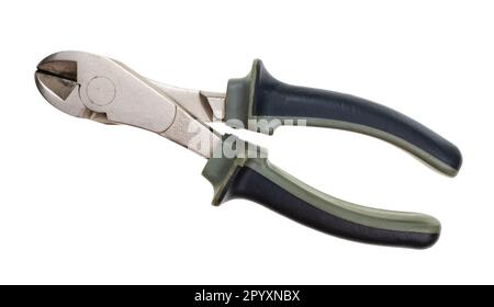 old diagonal cutting pliers with green and black rubber handle isolated on white background Stock Photo