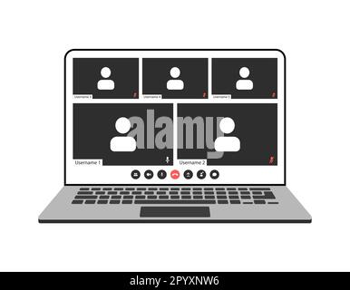 Videocall interface, video call screen icons and UI template for laptop, vector overlay. Video conference or videocall online chat mockup for laptop Stock Vector