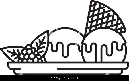 Ice cream scoopps on plate with raspberry and topping vector line icon Stock Vector