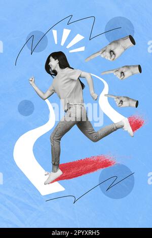 Vertical 3d blue color image collage picture of cheerful smiling girl running away from people social opinion isolated drawing background Stock Photo