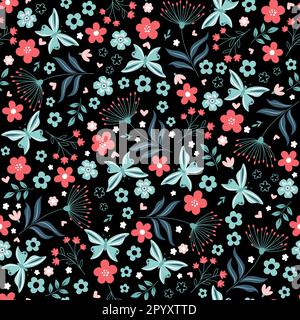 Spring seamless pattern on multi colored flowers background. Flowers, leaves, twigs and butterfly Stock Vector