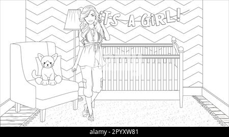 Pregnancy Coloring Page with Female Character on a Nursery Room Background. Vector Illustration Stock Vector