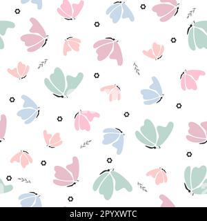 Seamless delicate butterflies, simple flowers and twigs Stock Vector