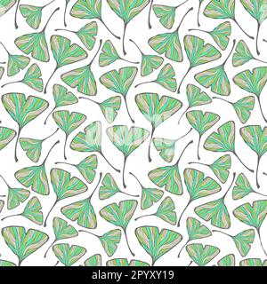 Ginkgo biloba green leaves seamless pattern vector design. Natural elements in hand drawn style on isolated white background. Use for fabric, wallpape Stock Vector