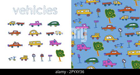 Vehicles children doodle seamless pattern set vector design. Cars and city elements in hand drawn style on isolated white and blue background. Stock Vector