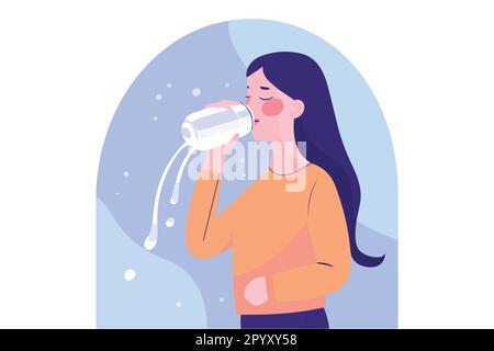 A girl drinking milk from a bottle and also a girl drinking water vector flat illustration Stock Vector