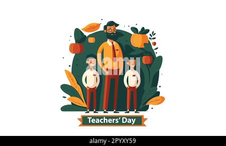 Vector set of happy teacher's day with teacher and students character celebrates teacher's day illustration Stock Vector