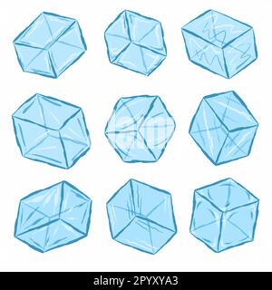 Ice cubes set vector illustration. Cartoon isolated transparent frozen water from freeze, blue crystal pieces of square shape melt with clear drops, s Stock Vector