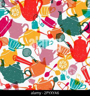 Tea time multicolor seamless pattern vector design. Colorful kitchen elements in hand drawn style on white background. Use for fabric, decoration, wal Stock Vector