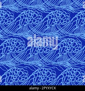 Ocean wave sketch in hand drawn style seamless pattern vector design. Colorful natural elements on isolated blue background. Use for wallpaper, fabric Stock Vector