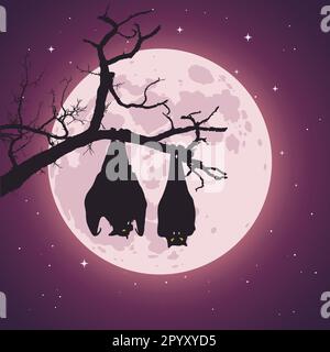 A bats hanging on creepy tree branch at moon night Stock Vector