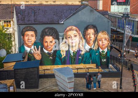 Derry Girls Mural viewed from the old city walls in Derry / Londonderry, Northern Ireland, UK Stock Photo