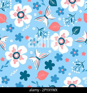 Seamless spring pattern with different cute flowers, leaves and butterflies Stock Vector