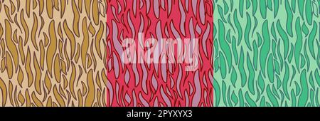 Abstract waves seamless pattern set vector design. Hand drawn wavy flames on isolated yellow, red and green background. Use for fabric, wallpaper and Stock Vector