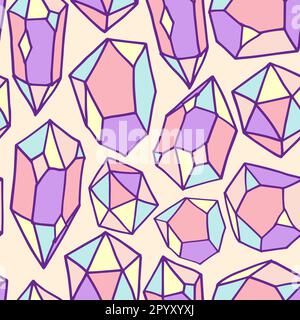 Multicolor gems seamless pattern vector design. Crystals in hand drawn style on isolated beige background. Use for fabric, wrapping paper and wallpape Stock Vector
