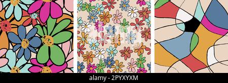 Flower hand drawn line art style set pattern design. Freehand multicolor, natural and abstract elements vector on beige background. Use for wallpaper, Stock Vector