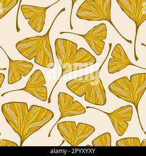 Ginkgo biloba yellow leaves seamless pattern vector design. Natural elements in hand drawn style on isolated beige background. Use for fabric, wallpap Stock Vector