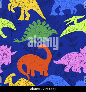Dinosaurs and tropical leaves seamless pattern vector design. Ancient animals in hand drawn style on isolated blue background. Use for wallpaper, fabr Stock Vector