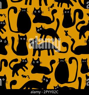 Black cats doodle seamless pattern design. Domestic animal elements in hand drawn style on isolated yellow background. Use for fabric, wallpaper and w Stock Vector