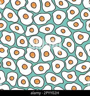 Fried egg seamless pattern background vector design. Food elements in hand drawn style on isolated light blue background. Use for wallpaper, fabric an Stock Vector